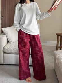 DAZY 纯色宽松T恤上衣和格子长裤女士睡衣家居服套装，秋冬服装，舒适套装 - 淺灰色 - 查看 1