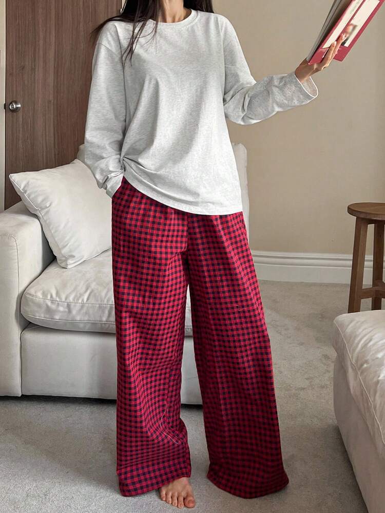 Solid Color Loose T-Shirt Top & Plaid Long Pants Women's Sleepwear Lounge Set, Fall Winter Clothes, Cozy Outfits