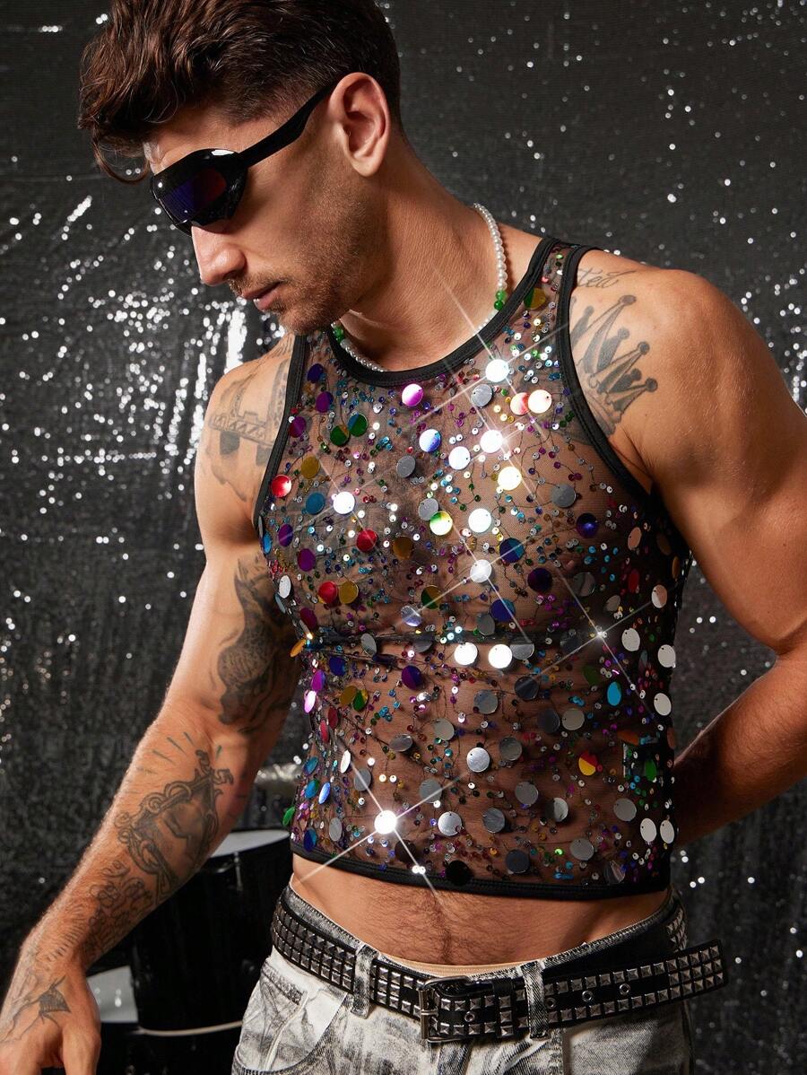FeverCity 时尚性感半透明亮片男士背心
