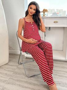 SHEIN 孕妇休闲条纹印花前拉链连体裤