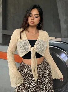 SHEIN EZwear Plus Size Women's Tie Front Cropped Sheer Jacket With Flare Sleeves Winter Fall Autumn - Khaki - View 3