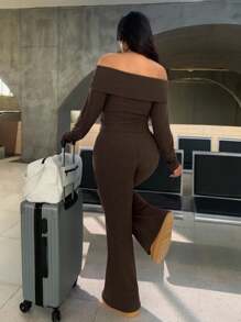 SHEIN EZwear Plus Size Casual & Homewear Minimalist Off-Shoulder Ribbed 2 Pieces Set - Brown - View 3