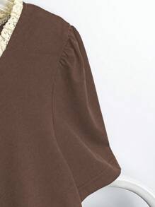 Women's Casual Contrast Trim Puff Sleeve T-Shirt, Summer - Brown - View 3