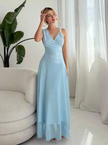 Elenzga Đầm lưới cổ chữ V dệt kim jacquard đàn hồi thắt eo kim loại thời trang mới, màu xanh nhạt, xuân/hè - Màu xanh lam - Xem 3