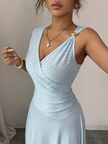 Elenzga Đầm lưới cổ chữ V dệt kim jacquard đàn hồi thắt eo kim loại thời trang mới, màu xanh nhạt, xuân/hè - Màu xanh lam - Xem 2