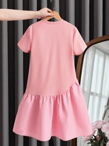 少女蝴蝶装饰条纹荷叶边下摆短袖休闲连衣裙 - 粉色 - 查看 2