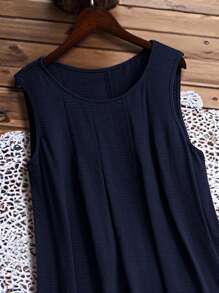 EMERY ROSE 大码女式夏季纯色圆领褶饰荷叶边下摆休闲无袖连衣裙 - 藏蓝色 - 查看 4