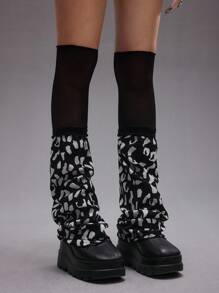 ROMWE Grunge Punk 1 双极简主义 Y2K 豹纹蕾丝暖腿套，过膝暖腿套 - 彩色 - 查看 5