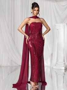 Coutiva 奢华晚礼服，绣花亮片舞会礼服，高端优雅淑女风格 - 酒紅色 - 查看 8