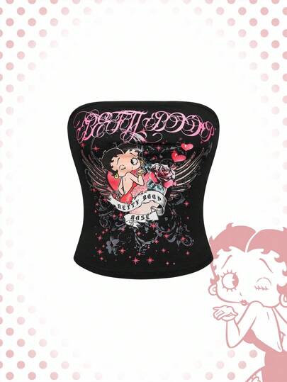 Betty Boop | ROMWE Plus Size Women Letter & Cartoon Figure Graphic Tube Top