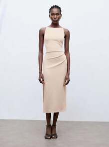 Maija 2025 Autumn/Winter New Apricot Off Shoulder Ruched Waist Side Slit Dress, Modern Elegant Urban Business Casual Office Wear, Suitable For Dates, Parties, Outings, Airports, Romantic Country Music Concerts, Korean Style, Airport, Wedding Guest, Birthday, Halloween, Christmas,Fall Wedding Guest Dress - Apricot - View 5