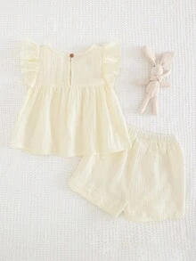 Cozy Pixies 2pcs Baby Girl Round Neck Ruffle Trim Top And Elastic Waist Shorts Set 2 Piece Set Baby Girl Clothes Baby Girl Summer Outfit - Beige - View 2