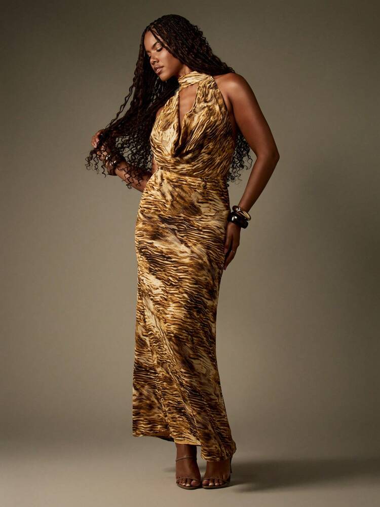 MISSGUIDED Cowl Neck Animal Print Maxi Dress Elegant Evening Party Gown Sleeveless Floor Length Holiday Special Occasion Flowing Glamorous Statement Dress