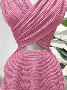 SHEIN Clasi Váy đi biển cổ chữ V khoét sâu dành cho nữ cỡ lớn, thiết kế thời trang, hàng mới về mùa xuân/hè - Màu Hồng baby - Xem 4