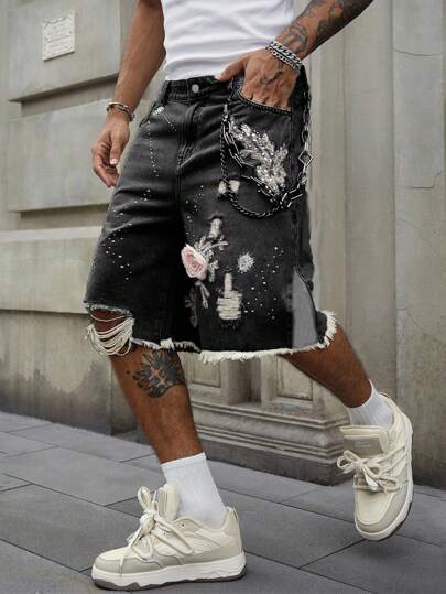 Street Life شورتات جينز فضفاضة للرجال مزينة بالراين ستون والزخارف الزهرية