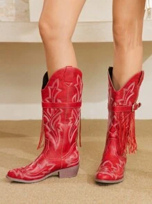 Styleloop Western Style Studded Buckle Design Women's Mid-Calf Riding Boots, Suitable For Halloween, Christmas, Party - Red - View 5