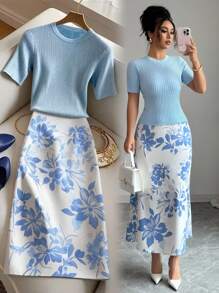 Franclia Set de 2 piezas con camiseta gráfica ajustada de cuello redondo y falda, conjunto de ropa de punto para vacaciones universitarias - Azul - Ver 1