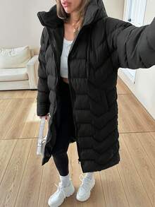 EURMUSE Women Solid Color Zipper And Pocket Detailed Winter Coats - Black - View 5