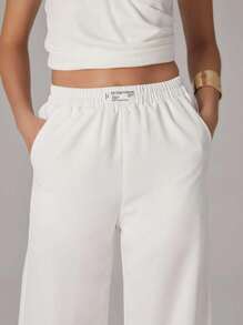 Modelyn 2件套女士无袖褶皱腰上衣和直筒裤 - 米色 - 查看 9