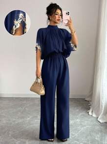 Elenzga Women's Elegant Batwing Sleeve Black Jumpsuit With Gold Lace Trim, Latest Design, Loose Fit, Suitable For Spring & Summer - Navy Blue - View 1