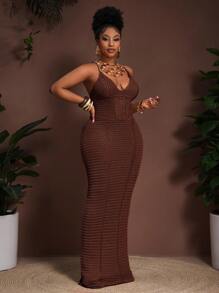 Slaydiva 2025 Spring/Summer New Bohemian Vacation Casual Party Khaki Knitted Waist Hollow Sheer Slip Dress, Plus Size Women Brown Bodycon Maxi Dress Knit Maxi Dress Crochet Maxi Dress Brown Crochet Maxi Dress Brown Knit Maxi Dress Winter Fall Autumn - Brown - View 6