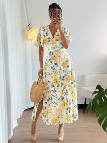 Chiquease 优雅荷叶边V领开衩印花连衣裙，春夏大学校园连衣裙 - 黃色 - 查看 1