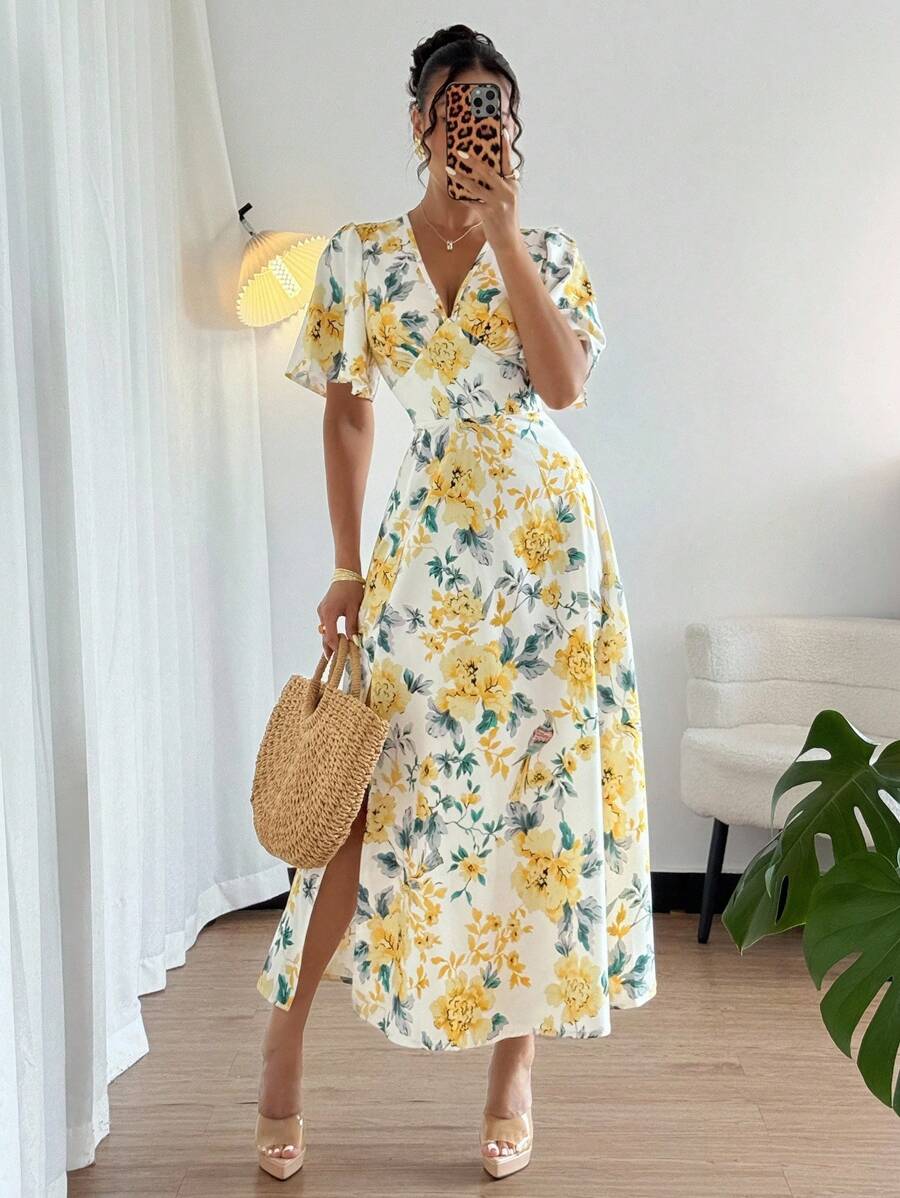 Chiquease 优雅荷叶边V领开衩印花连衣裙，春夏大学校园连衣裙 - 黃色 - 查看 1