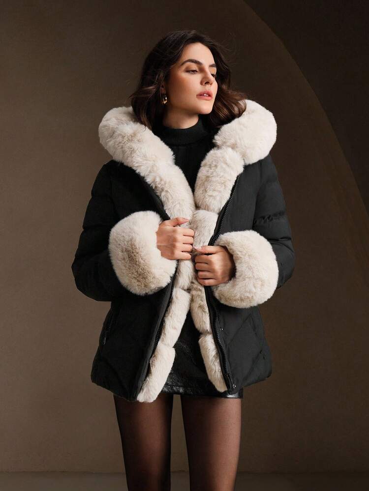 厚手フワフワファー襟キルティング入り レディース ウインタージャケット