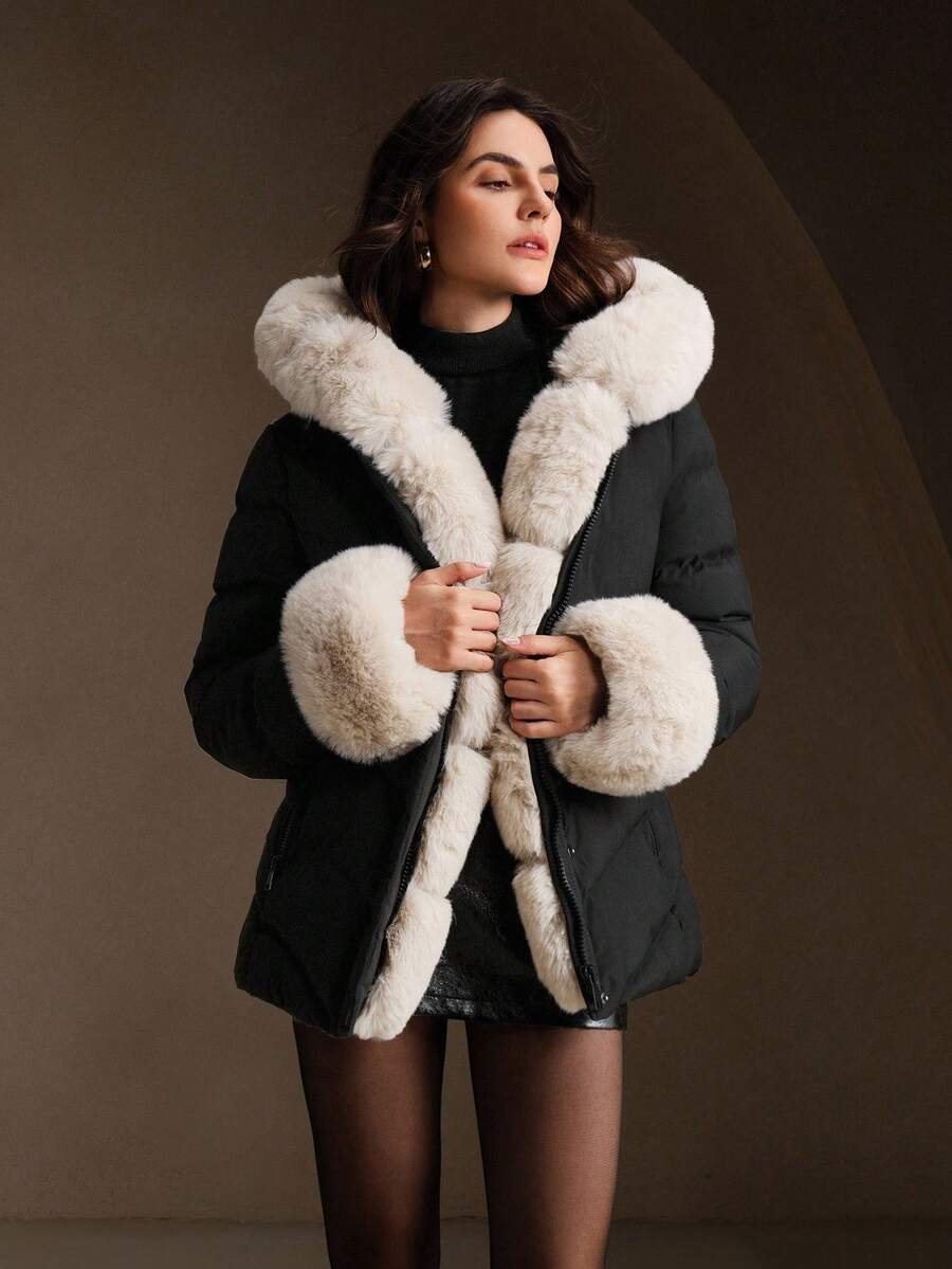 Anewsta Thick Fluffy Fur Collar Quilted Women's Winter Jacket - Black - View 1