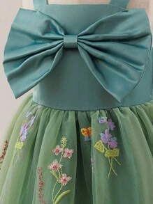 Glamorique Kids Baby Girls' Green Bow Design Mesh Embroidered Dress, Fluffy Skirt Cute & Sweet, Suitable For Birthday Party, Flower Girl, Various Occasions - Green - View 6