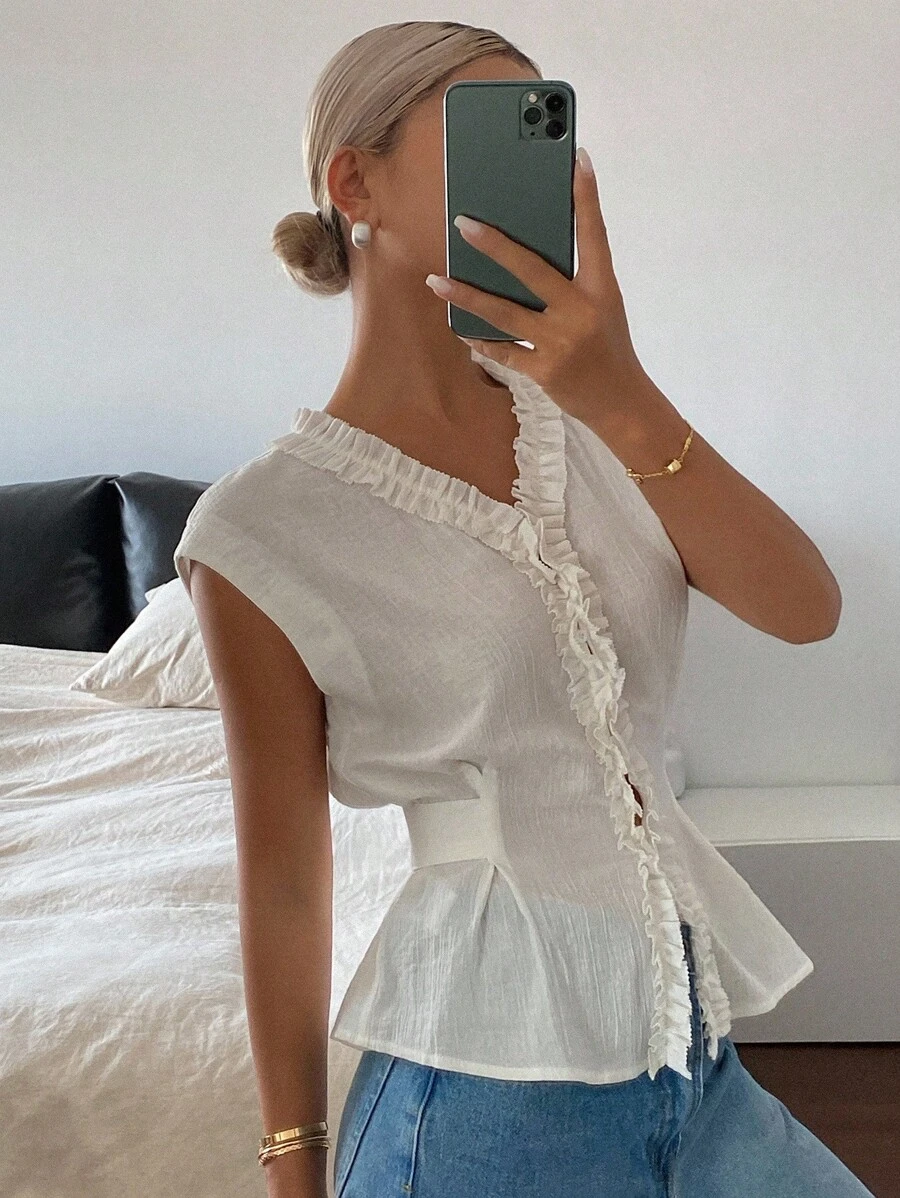 Livesso Women's Solid Color Ruched Flounce Waist Band V-Neck Casual Vacation Summer Top Blouse