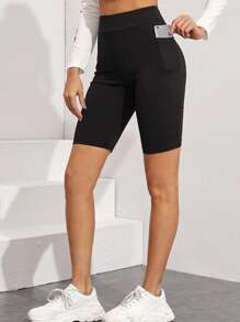 SHEIN EZwear Wide Waistband Patch Pocket Biker Shorts