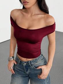 SHEIN EZwear 1 件女士勃艮第酒红色百搭修身上衣 - 酒紅色 - 查看 7