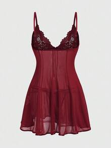 ROMWE J-Fashion Y2K Avant-Garde Lace Mesh Patchwork Bow Sexy Sheer Dress Set - Burgundy - View 2