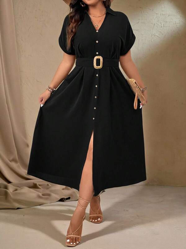 Roveilla Plus Size Women Summer Batwing Short Sleeve Button Decoration Slit Hem Casual Long Dress Maxi Women Outfit