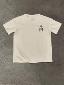 Manfinity EMRG Men's T-Shirt, Khaki/Beige Round Neck Short Sleeve T-Shirt With Faith And Little Girl Reading Bible Print, American Vintage, Streetwear Style, Casual, Summer - Khaki - View 3