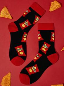 Doritos X SHEIN 2 双柔软透气吸湿排汗休闲女士中筒袜，时尚薯片黑色中筒袜，加固脚趾和脚跟，经久耐用，男女通用，四季百搭夏冬 - 彩色 - 查看 9