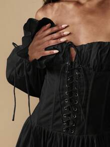 MISSGUIDED Váy maxi trễ vai kiểu corset có chi tiết tay áo buộc nơ lấy cảm hứng từ phong cách Victoria mùa thu đông kiểu Gothic váy dạ hội dài dự tiệc trang trọng cho dịp đặc biệt - màu đen - Xem 4