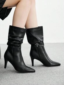 CUCCOO BIZCHIC Women's Pointed Toe Stiletto Heel Black Fashion Slip-On With Side Zipper PU Leather Daily Commute Versatile Pleated Mid-Calf Boots For Christmas - Black - View 3