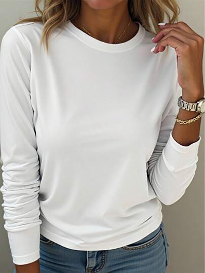 EMERY ROSE A Large-Sized White Round-Neck Long-Sleeved T-Shirt, Comfortable And Versatile Fall Cloth For Women