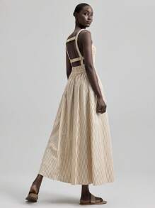 Ontre 2025新款度假风休闲条纹连衣裙，宽松版型，飘逸裙摆，可调节肩带，米色，商务休闲 - 杏色 - 查看 7