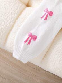 Souflis Souflis Young Girl 1 Piece Sweet Bow-Embroidered Cardigan , Pink & White V-Neck Puff Sleeve Open Front Lightweight Cropped Cardigan For School & Weekend Outings, Spring/Fall - White - View 3