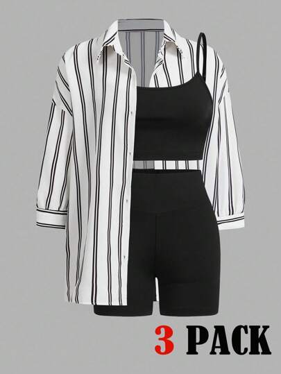 SHEIN Essnce 大码女装 女士夏季服装 沙滩装 女士度假服装 女士复活节海滩装 女士健身套装 女士商务休闲装 女士健身房休闲套装 女士办公室服装 狂欢装 节日巡航服装 女士夏季短裤慢跑裤 度假两件套 教师毕业服装 简约条纹衬衫、纯色吊带背心和短裤休闲套装