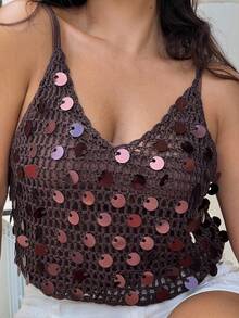 NegzBox 休闲亮片装饰女式针织吊带背心 - 咖啡棕 - 查看 3