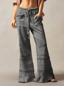 Bohemela 波西米亚风格纯色高腰喇叭腿针织裤，春夏 - 灰色 - 查看 6