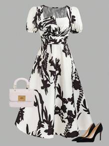 SHEIN Clasi 大码女式花卉印花方领泡泡袖短袖优雅连衣裙