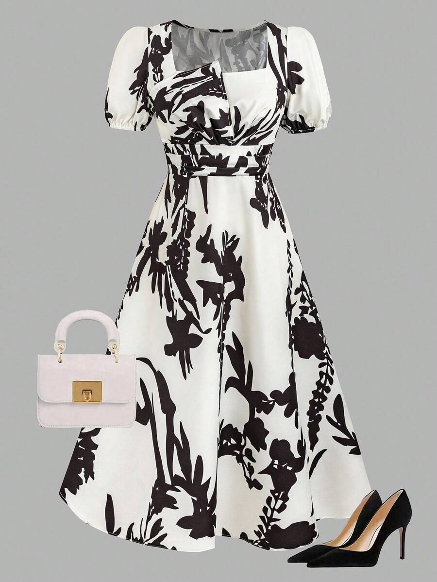 SHEIN Clasi 大码女式花卉印花方领泡泡袖短袖优雅连衣裙