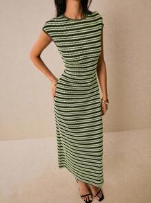 Poéselle Women's Striped Round Neck Dolman Sleeve Casual Dress, Striped Dress For Women,Work Dresses