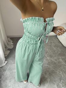 Elenzga 女士荷叶边前系带条纹阔腿连体裤 - 随机花卉图案 - 綠色 - 查看 5