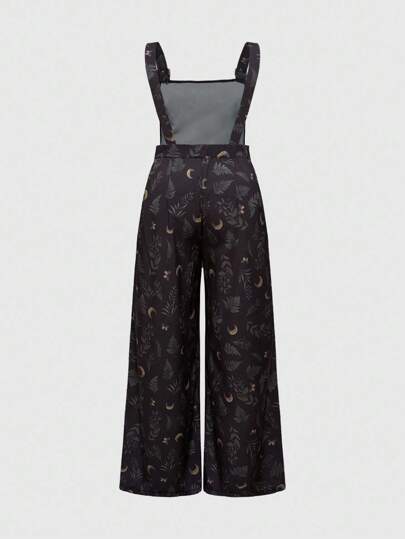 Hippie Plus Size Women Plant & Moon Print Wide Leg Loose Bib Jumpsuit